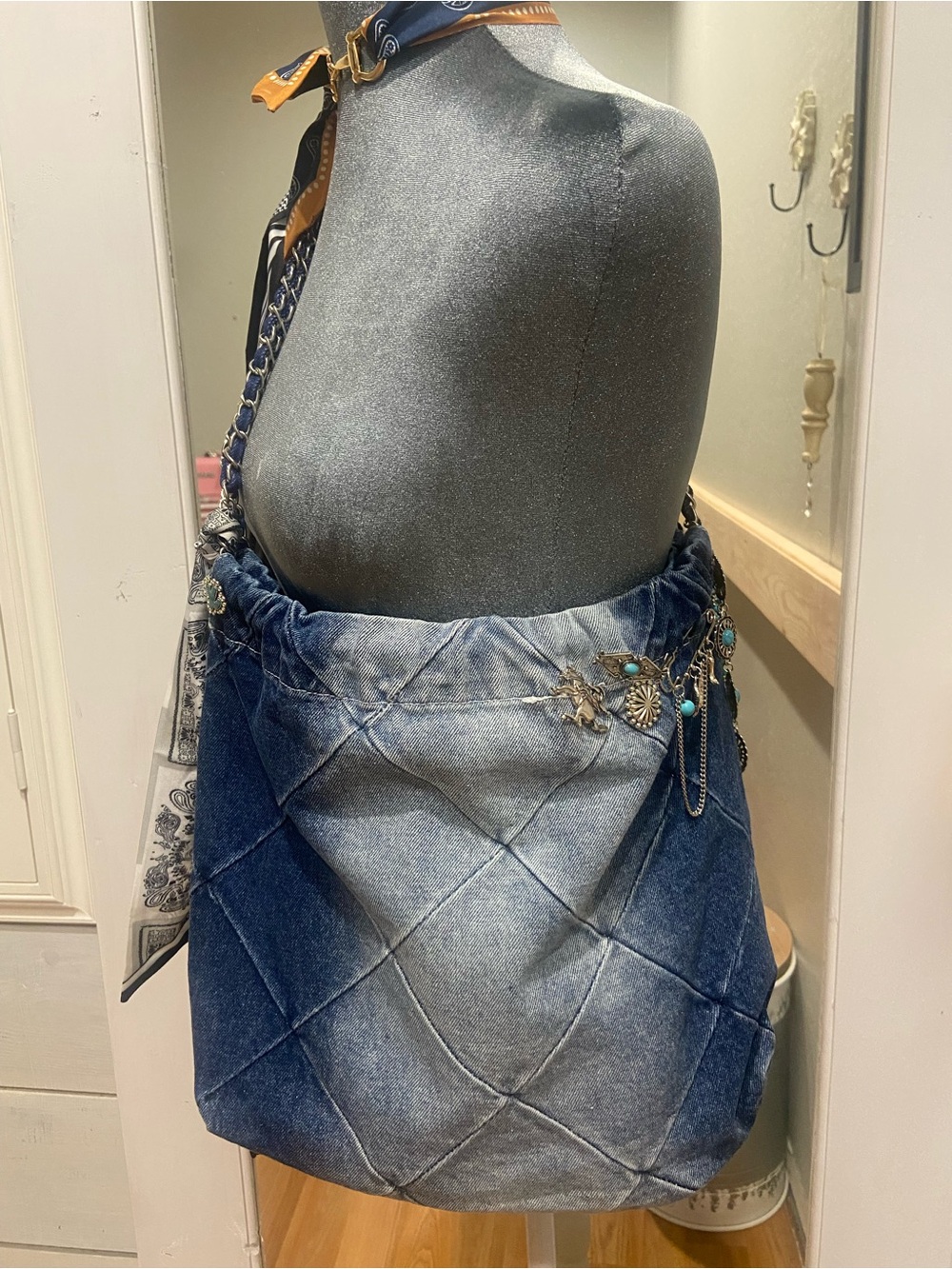 Quilted Denim Shoulder Bag with Turquoise Charm Detail